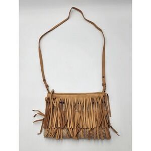 Sam Edelman Canvas Hippy Double‎ Fringe Mini Crossbody Bag Purse Zip Closure